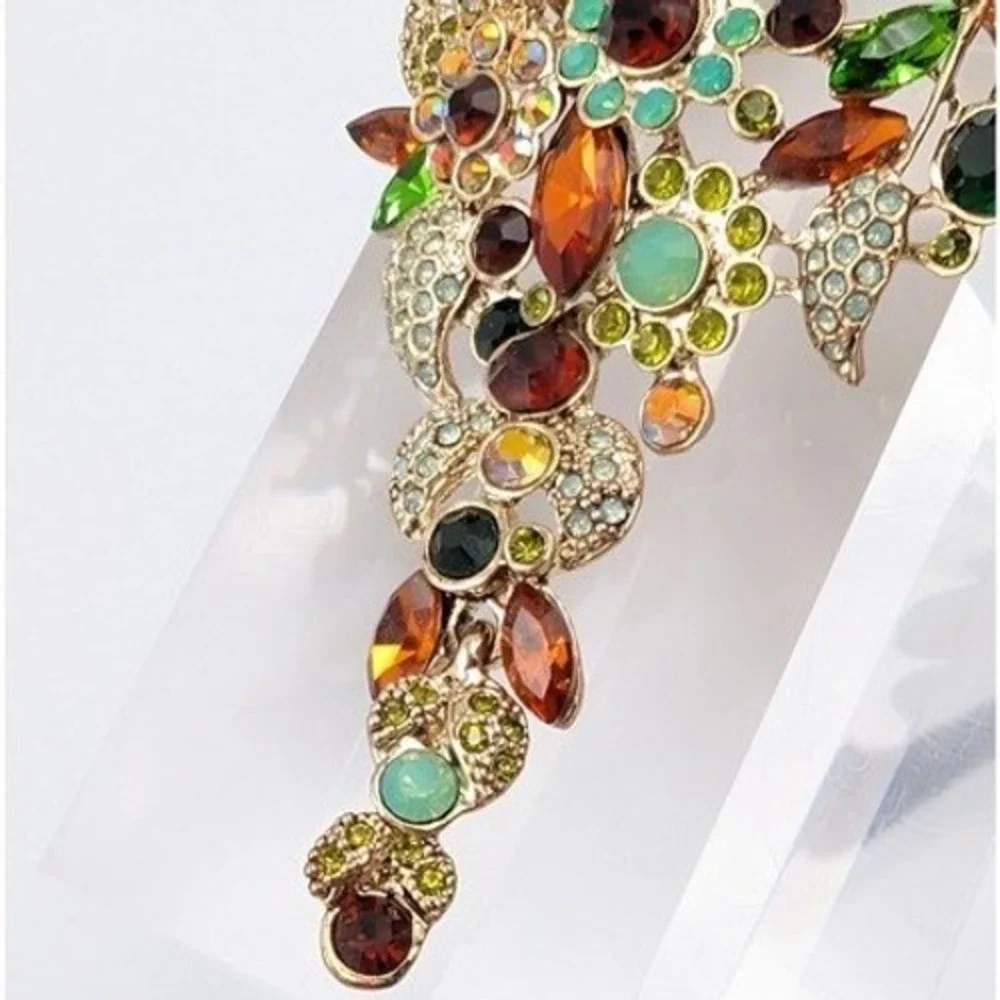 Botanical Rhinestone Brooch Pendant‎ Gold Tone Large Floral Garden Fairy Spring